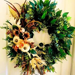 Fall Mixed Greenery Wreath with Cream pumpkins and Fall Flowers